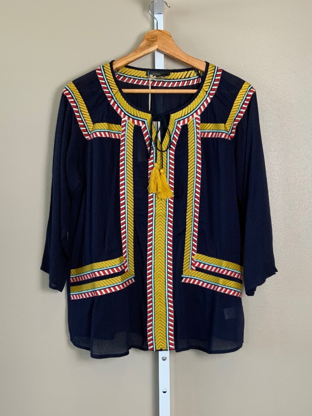 THML Embroidered Tassel Tie 3/4 Sleeve Top - Picture 2 of 16